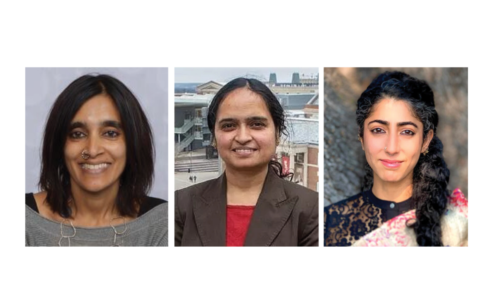 Collage of three headshots of speakers. Left to right: Ajantha Subramanian, Shailaja Paik, and Aarti Sethi.