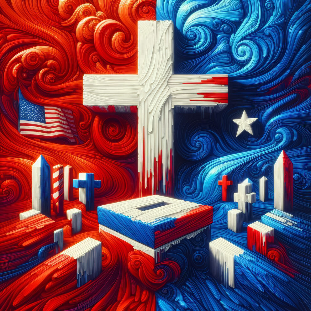 Abstract Oil Painting Depicting US Presidential Elections Red and Blue Ballot Box with Christian Cross